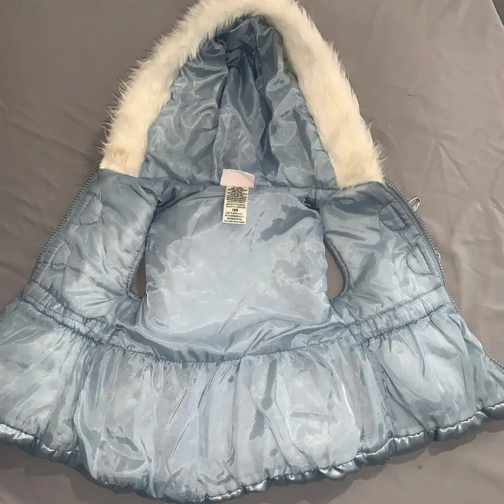 Little Lass Baby Girls Metallic Quilted Hooded Vest – Size 18M – Faux Fur Hood